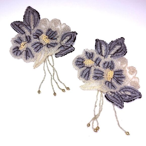 Black & Silver Beaded Sequin Floral Appliqué Patch with Dangles – 6.5” - Picture 8 of 10